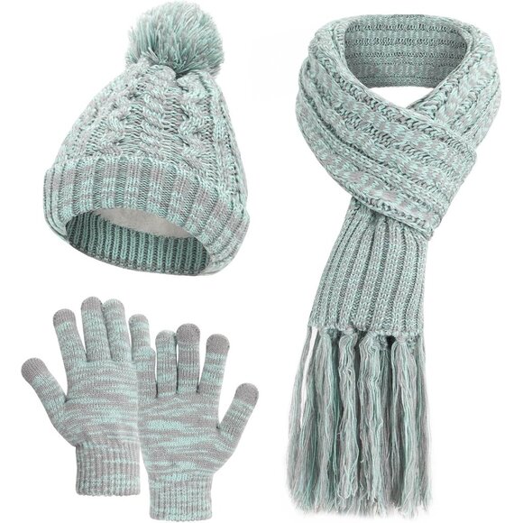 Winter Beanie Hat Scarf and Gloves Set for Women Warm Chunky Knitted Pom Cap - Picture 1 of 6